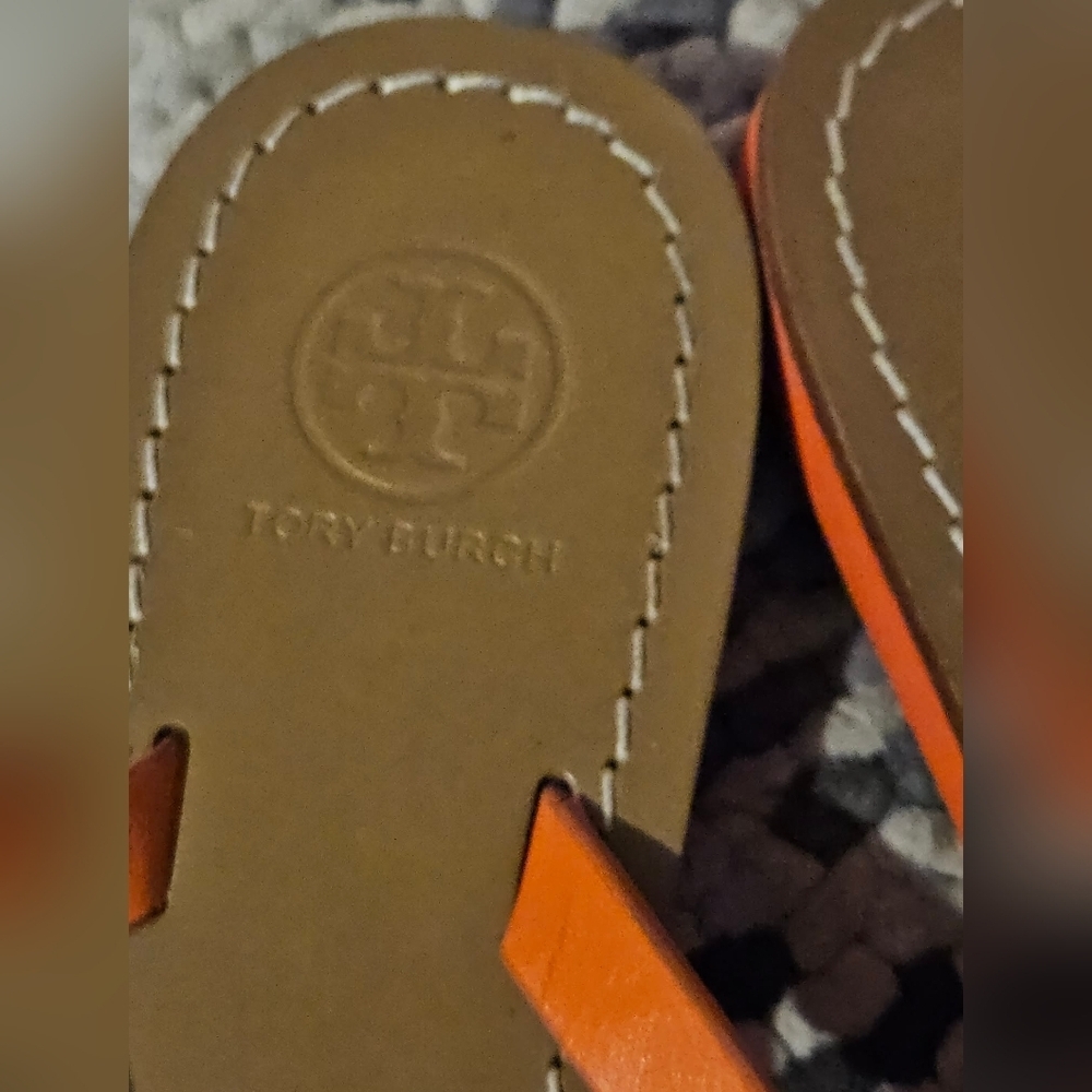 TORY BURCH RICKI FLIP FLOP VEG LEATHER POPPY RED ORANGE - Picture 2 of 5